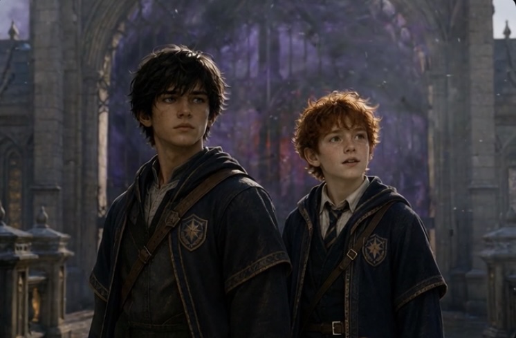 Elias and Kip standing before the Academy Gate