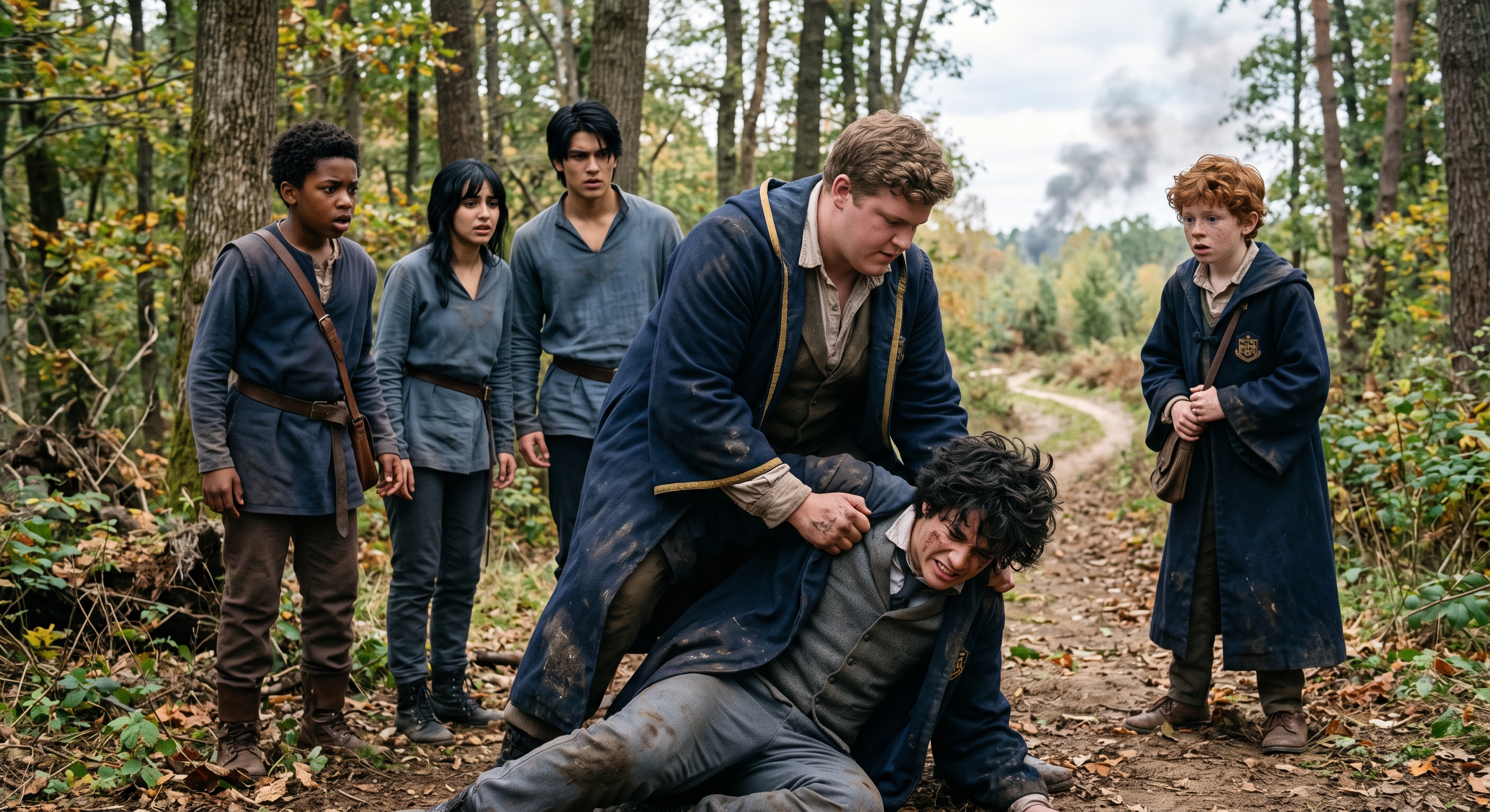 Cassian pins Elias to the ground while the squad watches