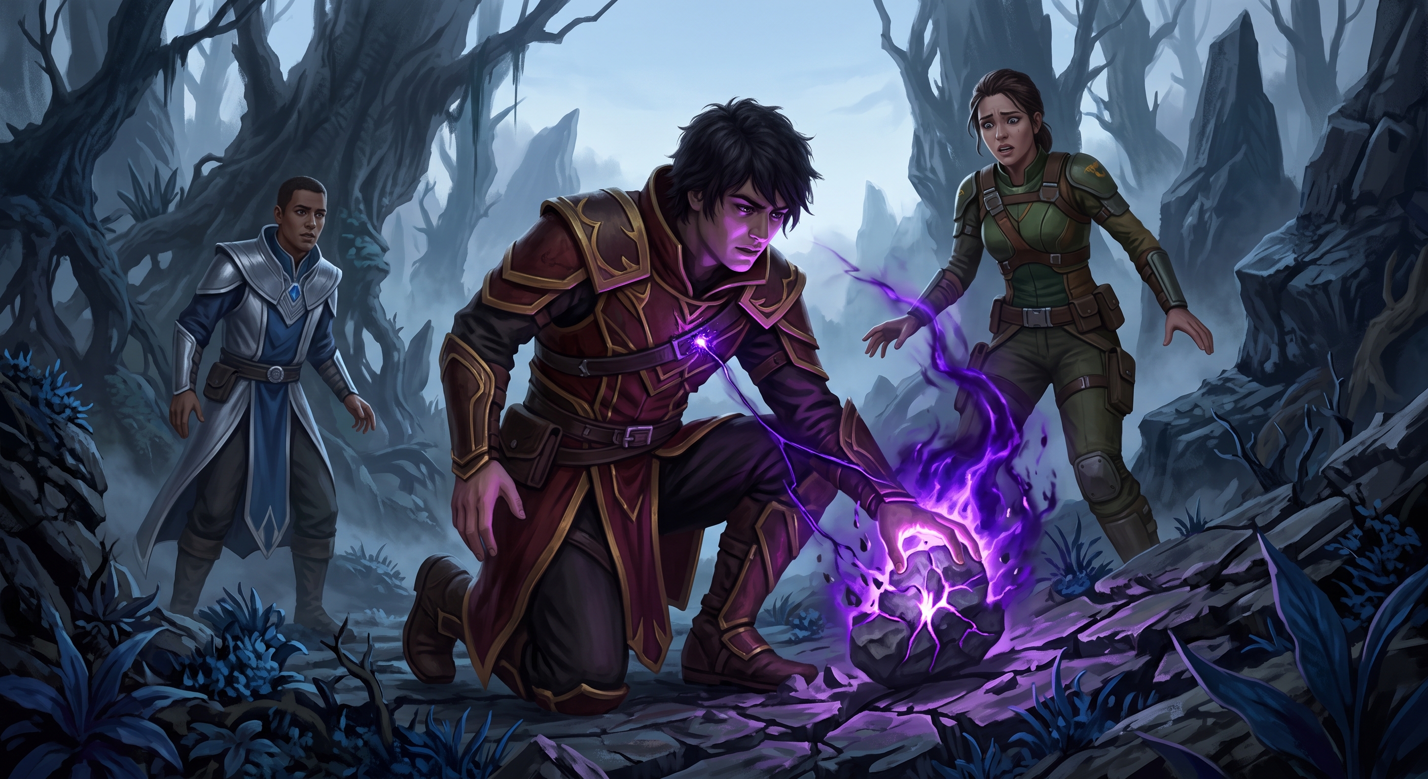 Daemeon Lumina kneels over the Chaos Shard as it erupts in purple light, while his squadmates watch in alarm