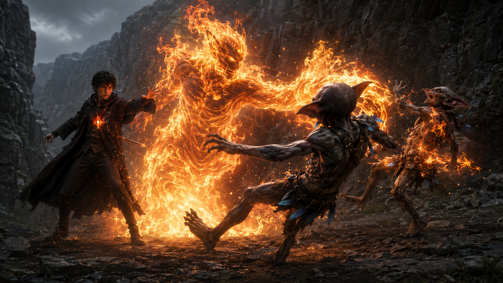 Elias unleashes the Protector Fire Elemental against the Snatcher Goblins in the gorge