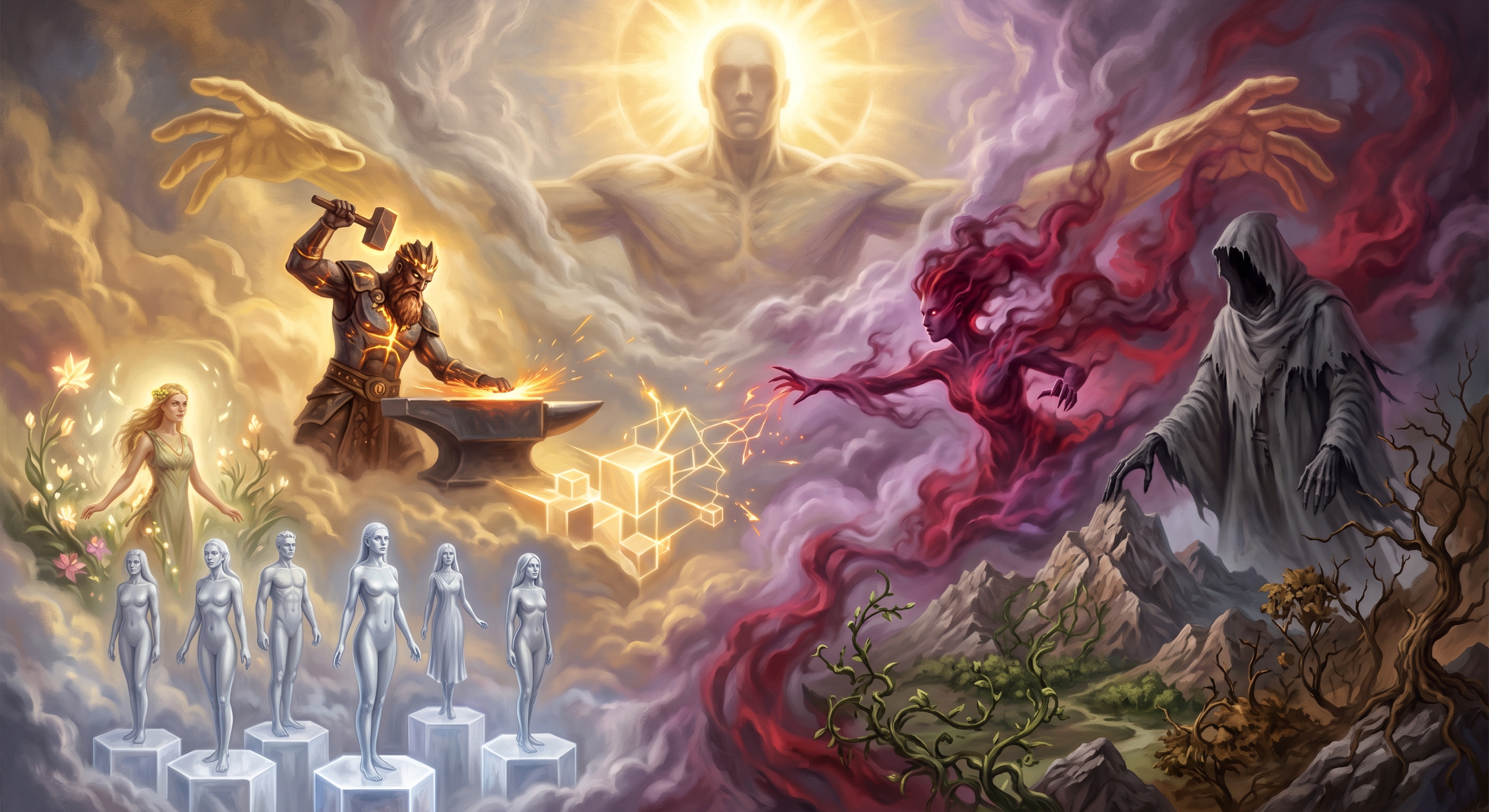 The Sun God presides over Nitamus at the cosmic anvil, Serres among the first Lunarians, and Maelora and the God of Death emerging from the chaos