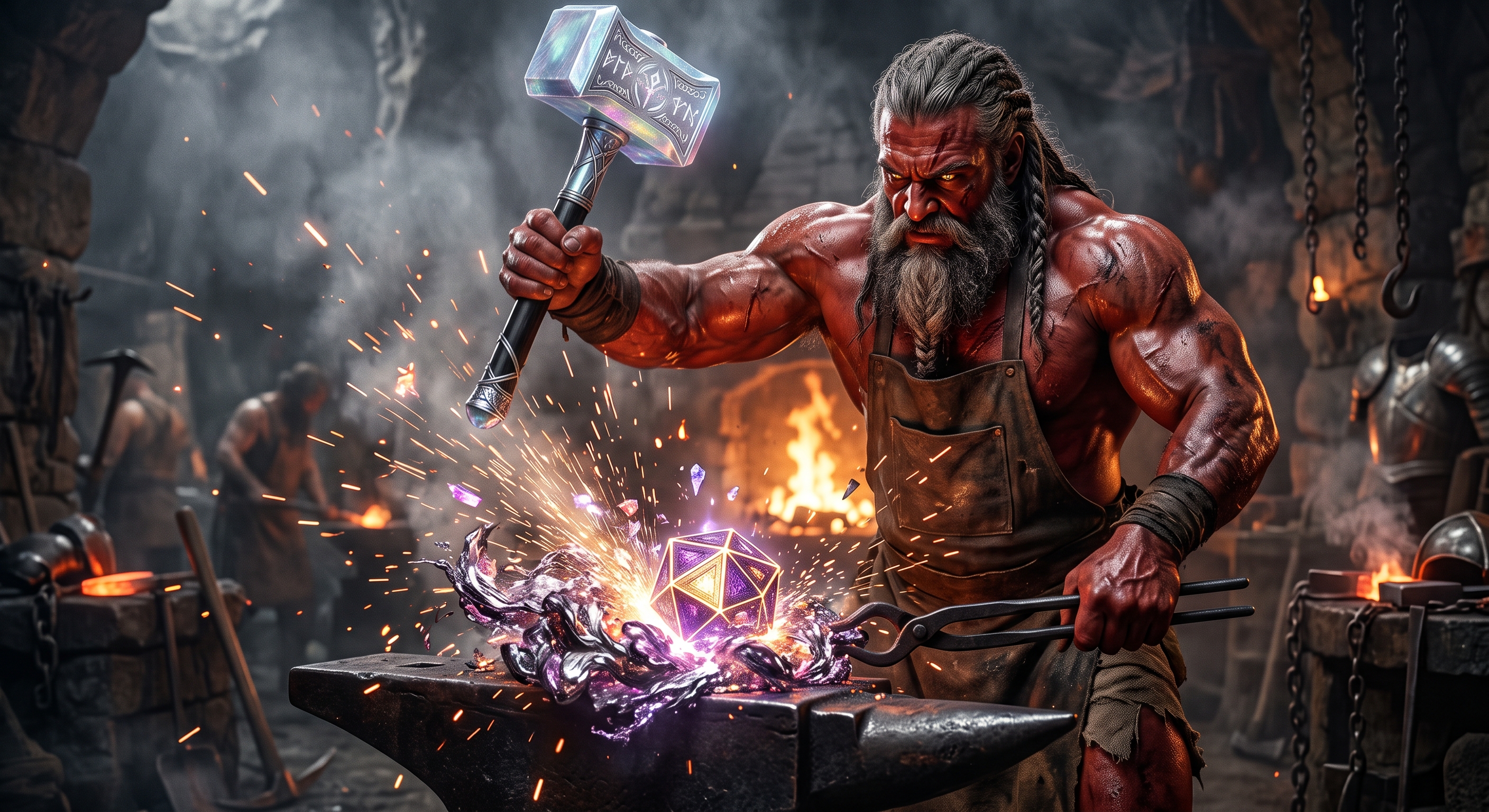 Nitamus, the God of Forge and Anvil, striking a Dungeon Core at his anvil